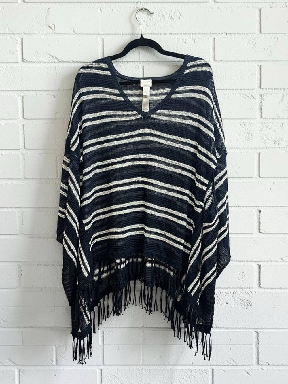 Chico’s Zenergy Rebekah 100% Linen Striped Fringe Poncho S/M Navy White